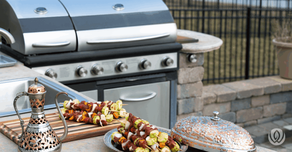 Scratch built backyard grill station with skewers and decorative serving pieces