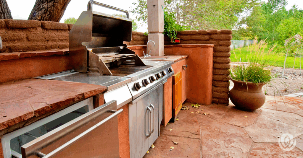 Outdoor grilling station with built-in stainless steel grill and clay pots