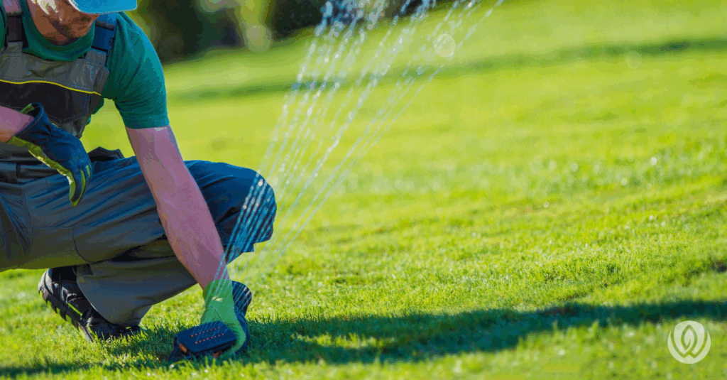 Man kneeling to adjust sprinkler
