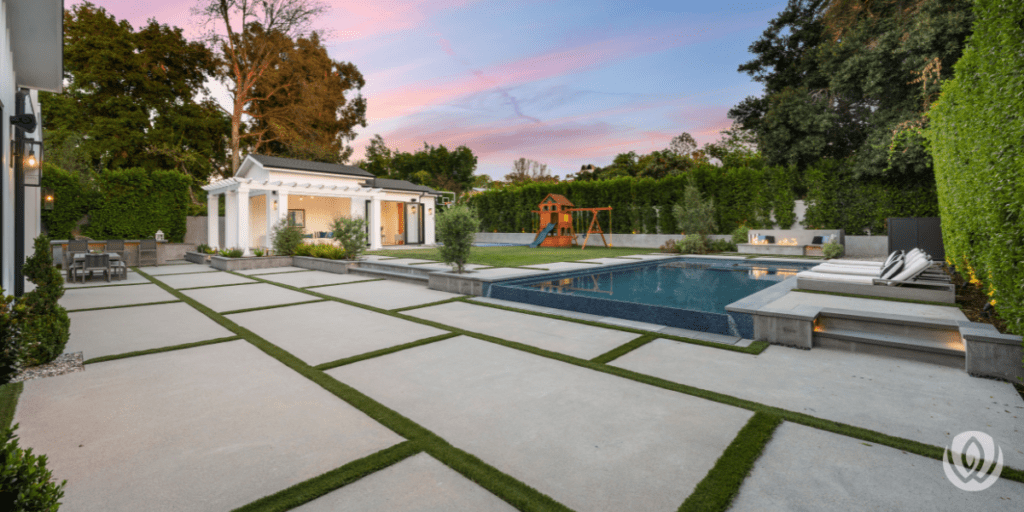 Modern pool patio with guest house